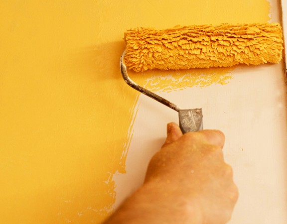 The process of painting the walls in yellow color with a roller latex paint